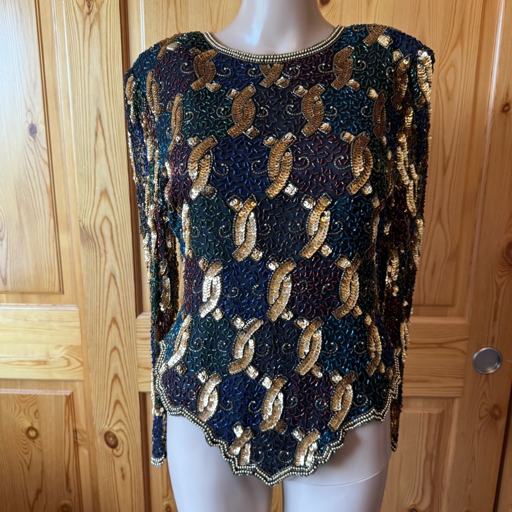 Vintage Lawrence Kazar Silk Blouse Top PM Sequin Beaded Whimsigoth Glam Fairy